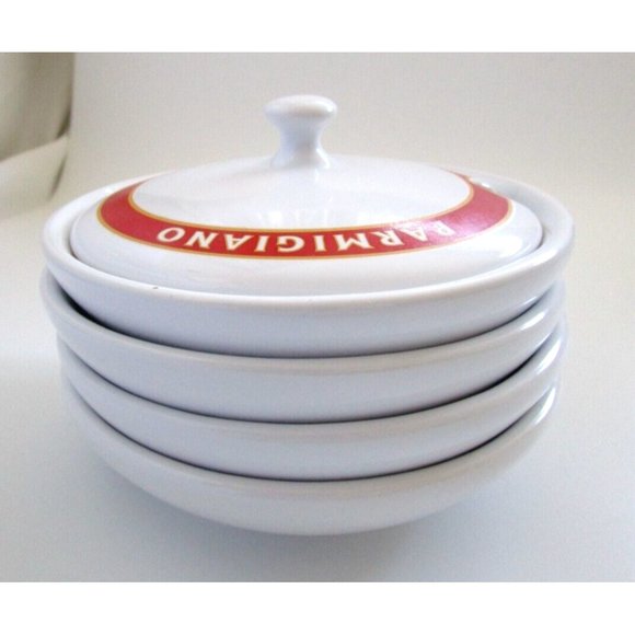 Pottery Barn Parmigiano Olio D'Oliva Bowl Set "Vintage Posters" Dip 4 Bowl/1 Lid - Picture 2 of 15